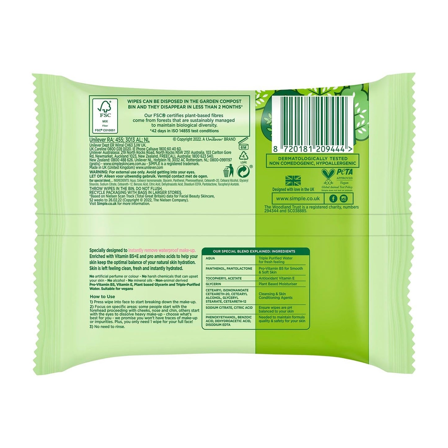 Simple Facial Cleansing Wipes Kind to Skin Sensitive 25's (2 Packs)