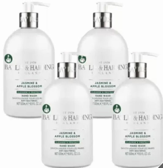 Baylis & Harding Jasmine and Apple Blossom Anti-Bacterial Hand Wash, 500 ml (Pack of 4) - Vegan Friendly