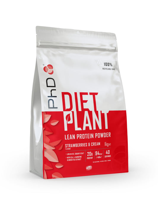 PhD Nutrition Diet Plant, Vegan Protein Powder Plant Based, Strawberries and Cream, High Plant Protein, 40 Servings Per 1 kg Bag