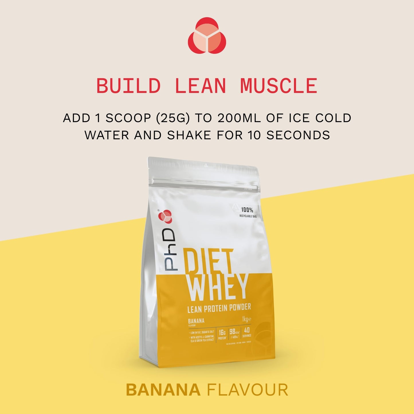 PhD Nutrition Diet Whey High Protein Lean Matrix, Banana Diet Whey Protein Powder, 16g of Protein, 40 Servings Per 2 kg Bag