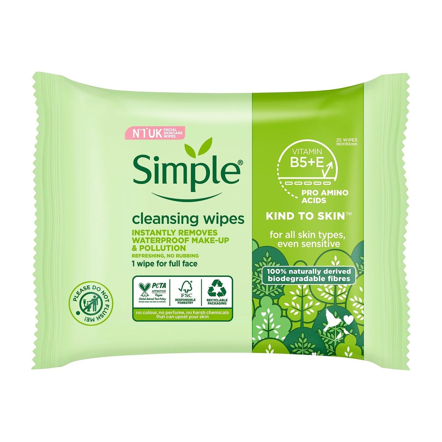 Simple Facial Cleansing Wipes Kind to Skin Sensitive 25's (2 Packs)
