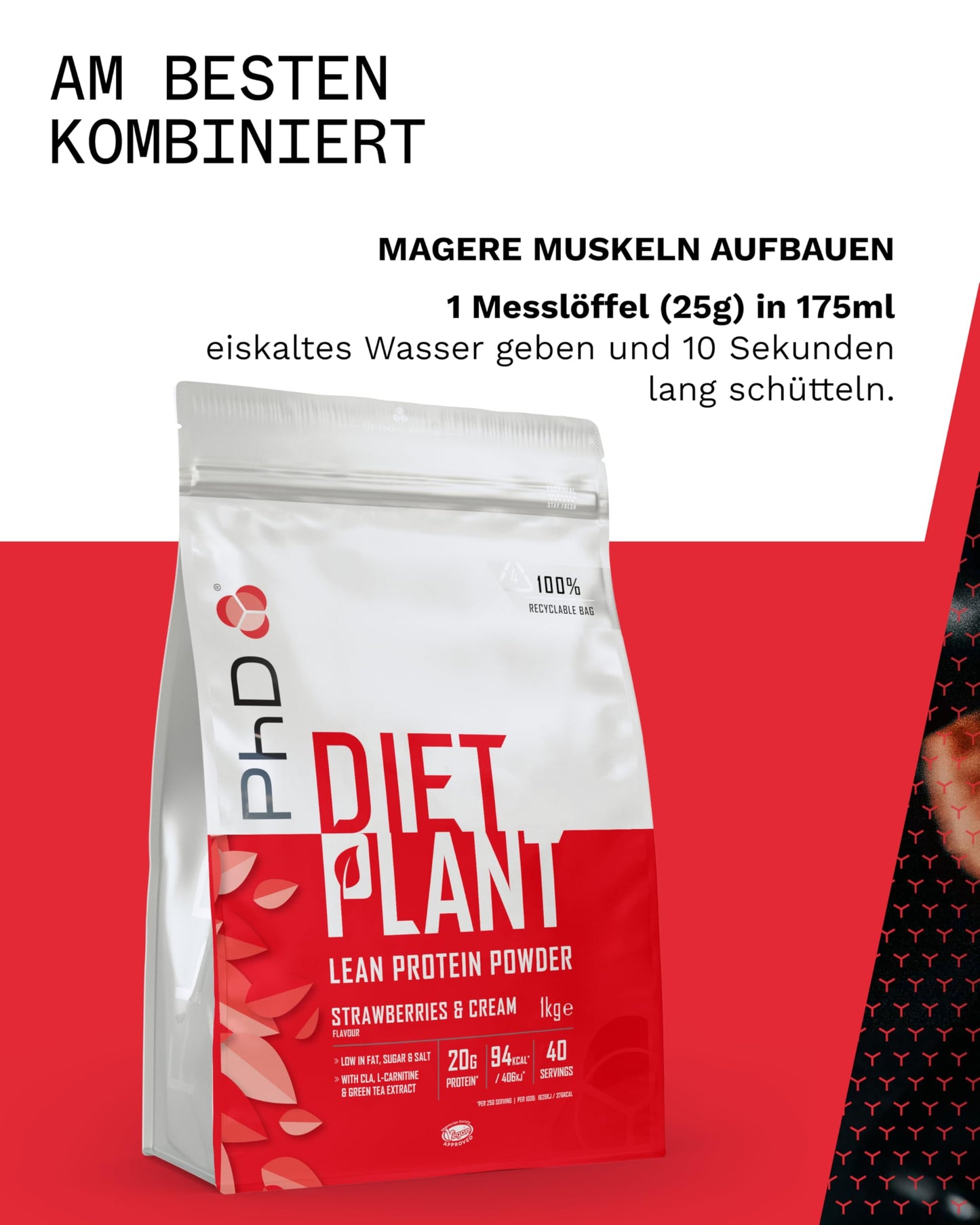 PhD Nutrition Diet Plant, Vegan Protein Powder Plant Based, Strawberries and Cream, High Plant Protein, 40 Servings Per 1 kg Bag