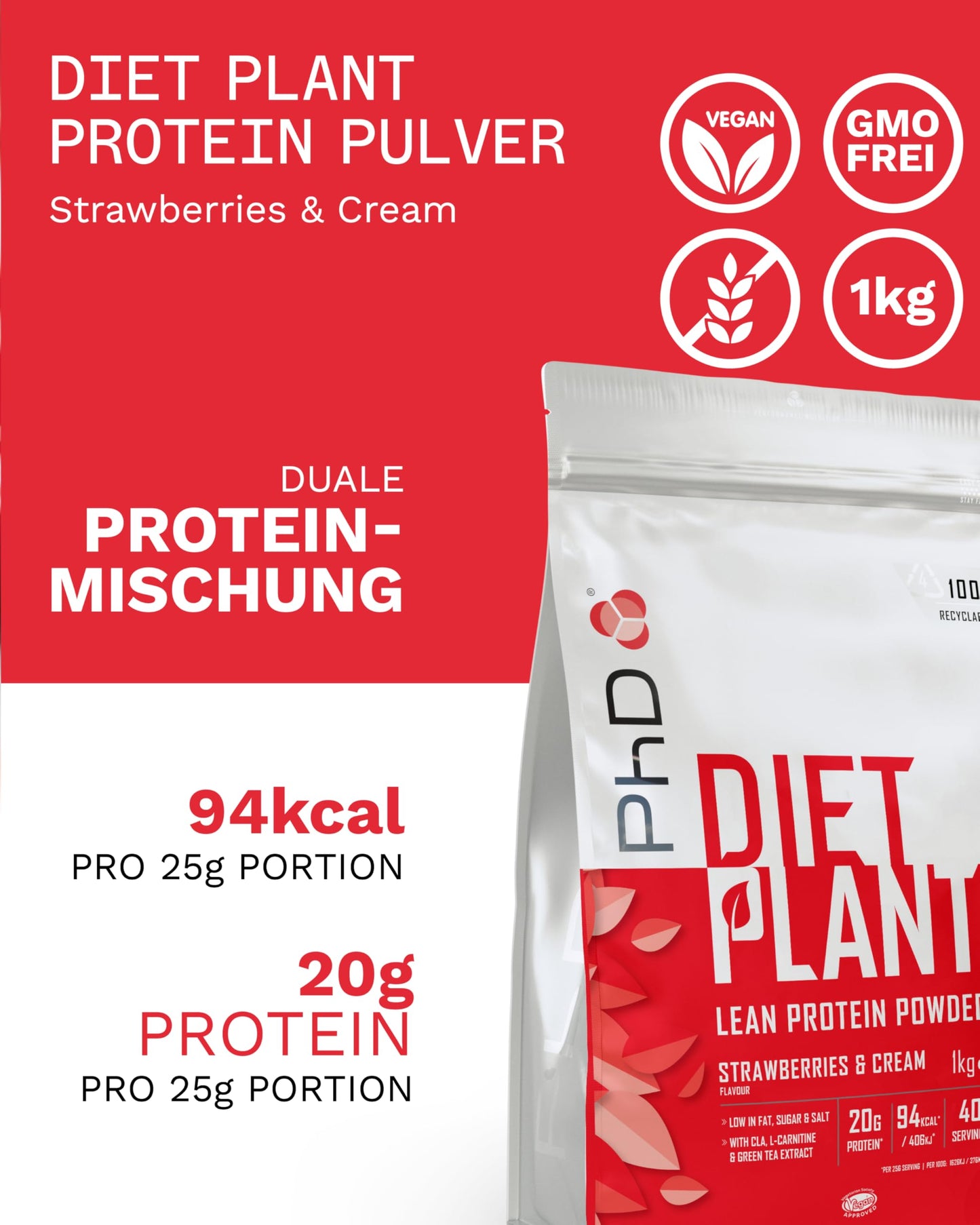 PhD Nutrition Diet Plant, Vegan Protein Powder Plant Based, Strawberries and Cream, High Plant Protein, 40 Servings Per 1 kg Bag