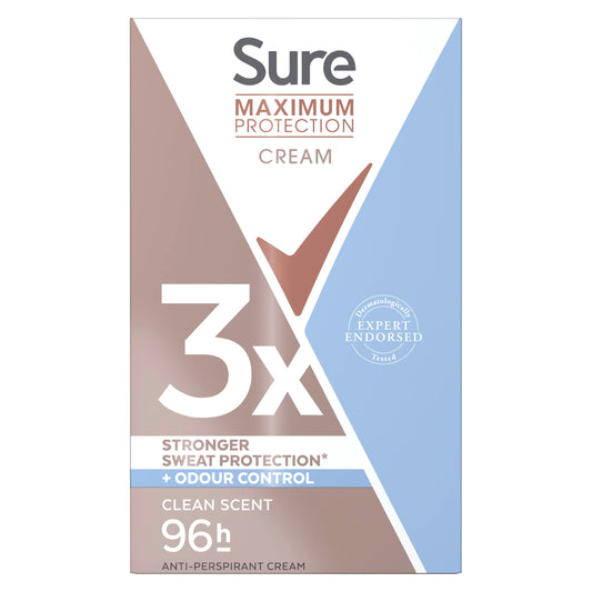 Sure Maximum Protection Clean Scent Deodorant Cream Stick women's anti-perspirant for 96-hour sweat and odour protection 45 ml