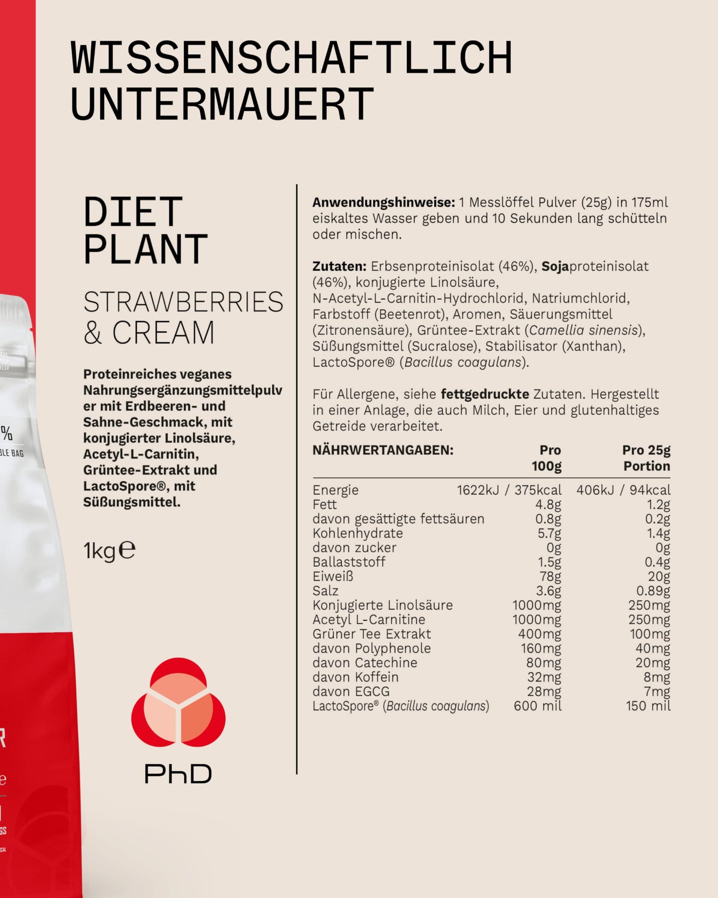PhD Nutrition Diet Plant, Vegan Protein Powder Plant Based, Strawberries and Cream, High Plant Protein, 40 Servings Per 1 kg Bag