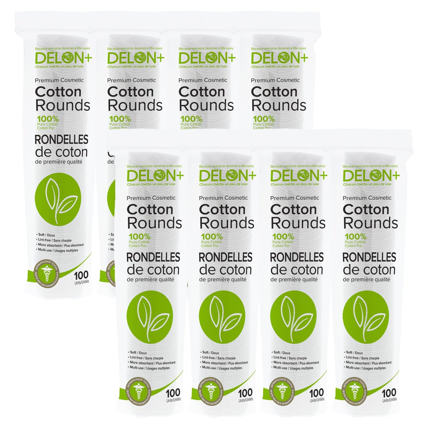 Delon+ Premium Cotton Rounds, 8 x 100 Pack