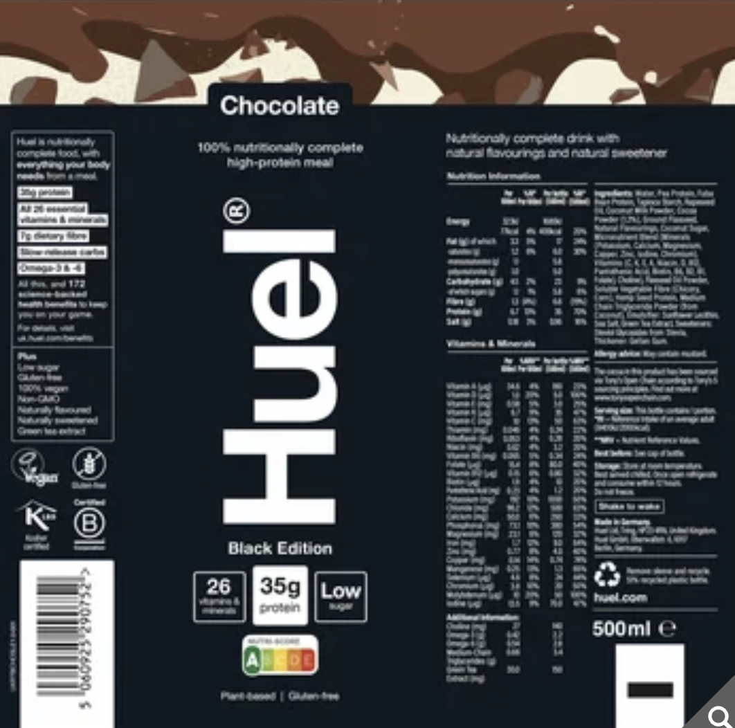 Huel Complete Meal Drink Black Edition Chocolate, 12 x 500ml