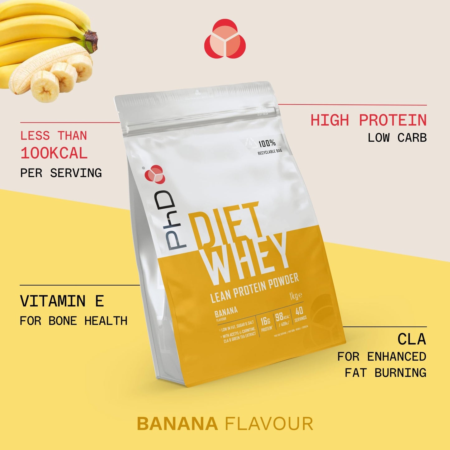 PhD Nutrition Diet Whey High Protein Lean Matrix, Banana Diet Whey Protein Powder, 16g of Protein, 40 Servings Per 2 kg Bag